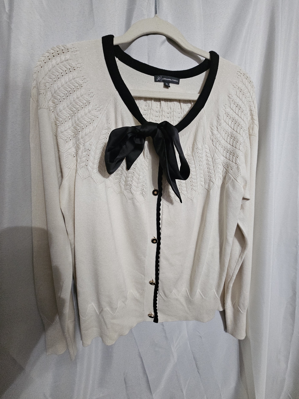 Adrianna Papell Cream Cardigan with Black Trim & Silk Bow